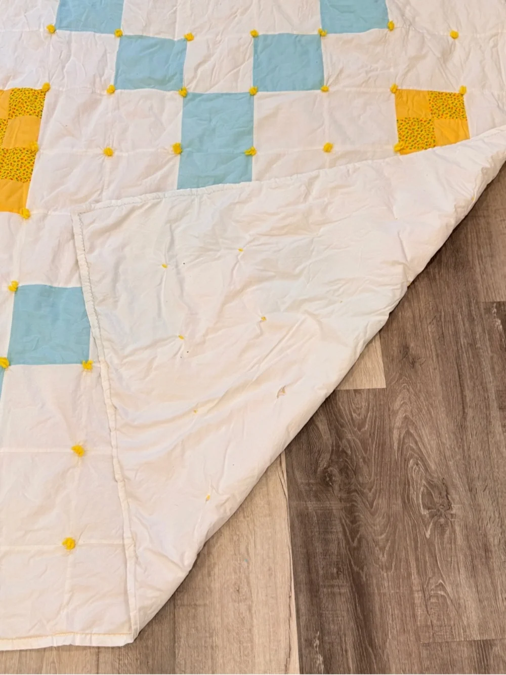 Vintage Handmade Patchwork Quilt White, Blue & Yellow Tattered Country